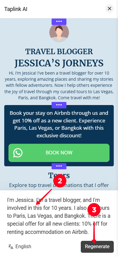 Editing the business description and tapping the Regenerate button in Taplink AI