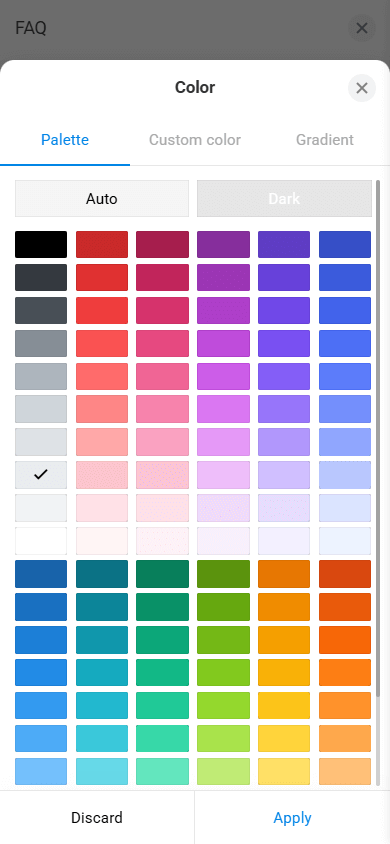 Color customization settings of the FAQ block