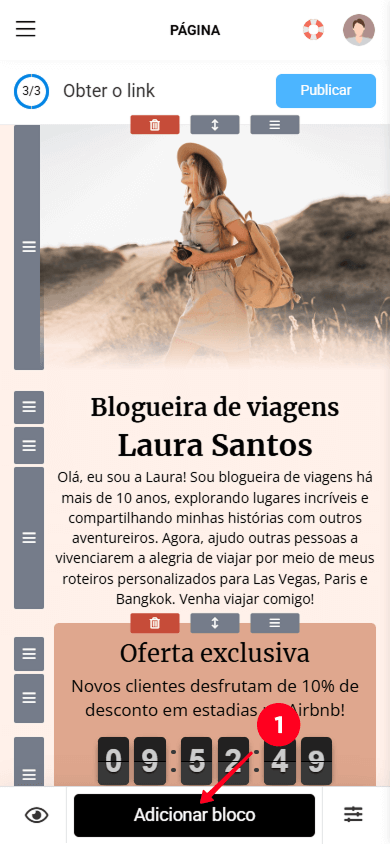 Tocando no botão Adicionar bloco no editor de páginas do Taplink