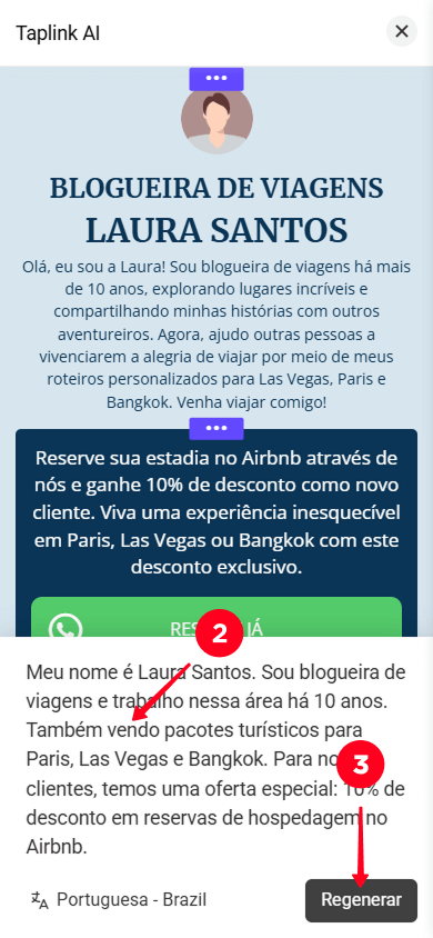Editando a descrição do negócio e tocando em Regenerar no Taplink AI