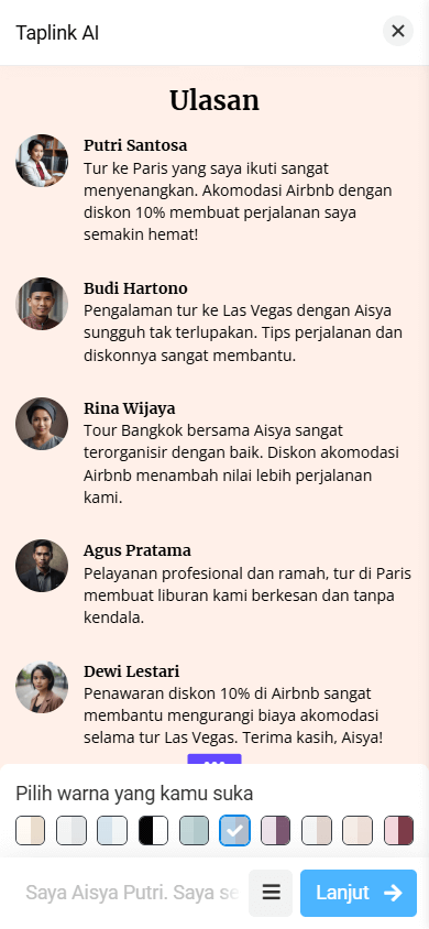 Bagian Ulasan yang memiliki tata letak gambar kecil, nama, dan teks