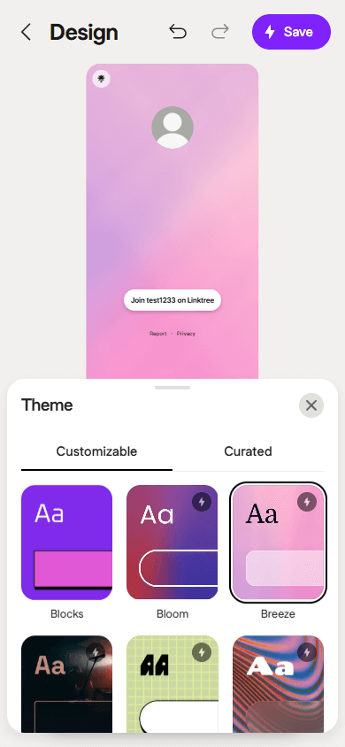Six design theme options in Linktree