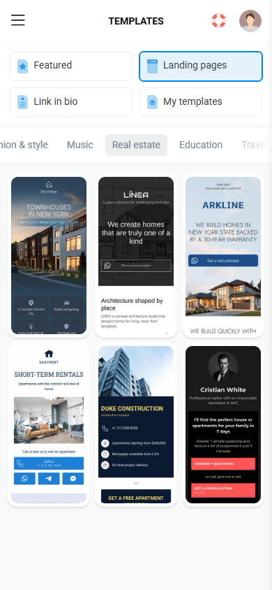 Page templates for the real estate industry in Taplink