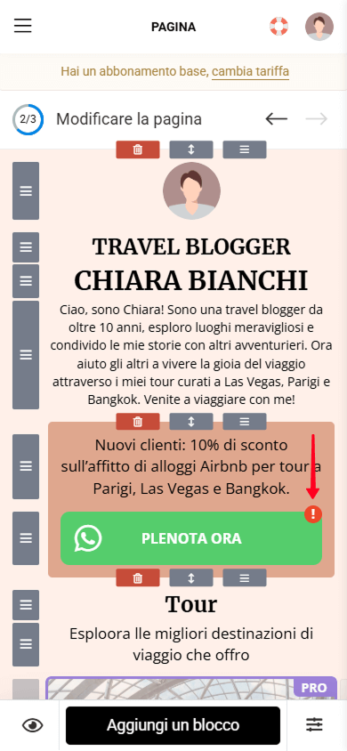 Un punto esclamativo accanto al pulsante evidenziato da una freccia rossa