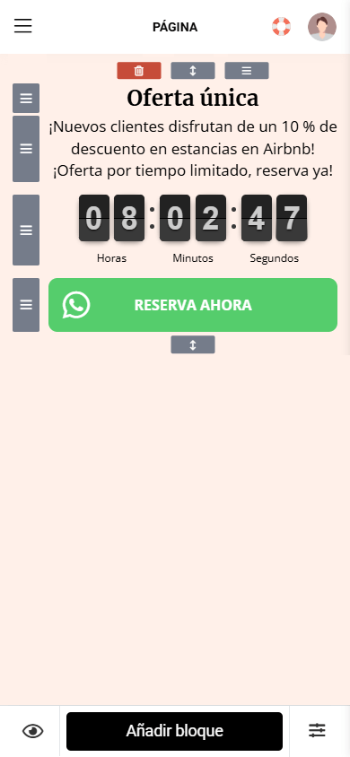 La sección Oferta limitada que consiste en los bloques Texto, Temporizador y Messengers en el creador de Taplink