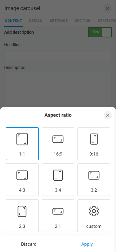 Image aspect ratio settings window in Taplink’s Image carousel block
