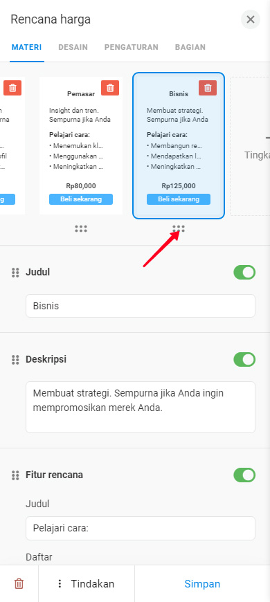 Mengetuk 6 titik di pengaturan Rencana harga