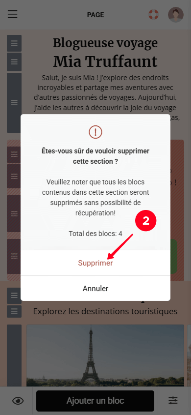 Sélectionner le bouton Supprimer dans la fenêtre contextuelle de Taplink