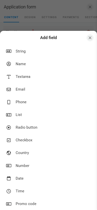 A list of fields available in Taplink’s Form and payments block