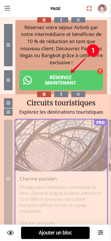 Appuyer sur le bloc Application de messagerie dans le créateur de page Taplink