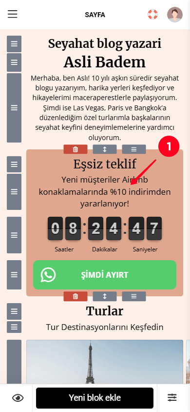 Taplink düzenleyicisinde Metin bloğuna dokunma