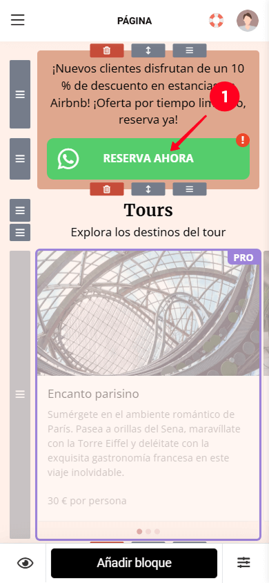 Tocando el bloque Messengers en el creador de páginas de Taplink