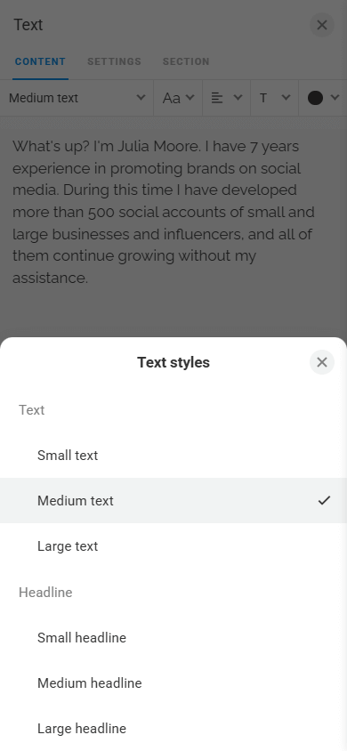Text block style settings window in Taplink