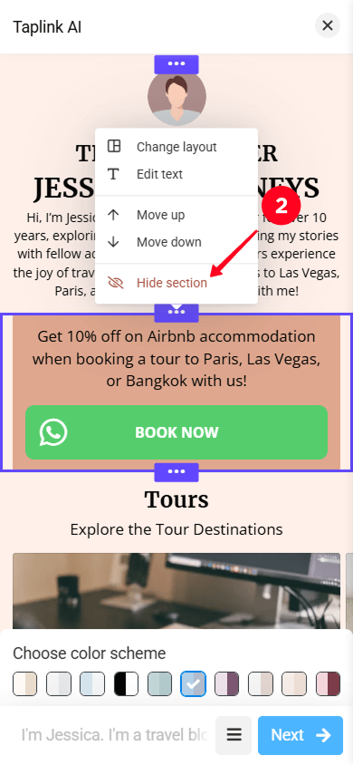Selecting the Hide section option in the section settings drop-down menu