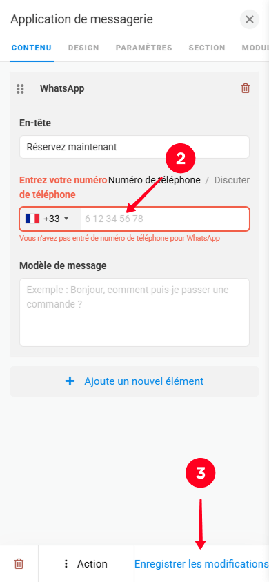 Saisir un numéro de téléphone et appuyer sur Enregistrer les modifications dans la fenêtre des paramètres du bloc Application de messagerie
