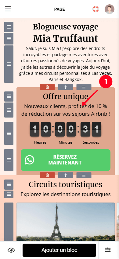 Appuyer sur le bloc Texte dans l’éditeur Taplink