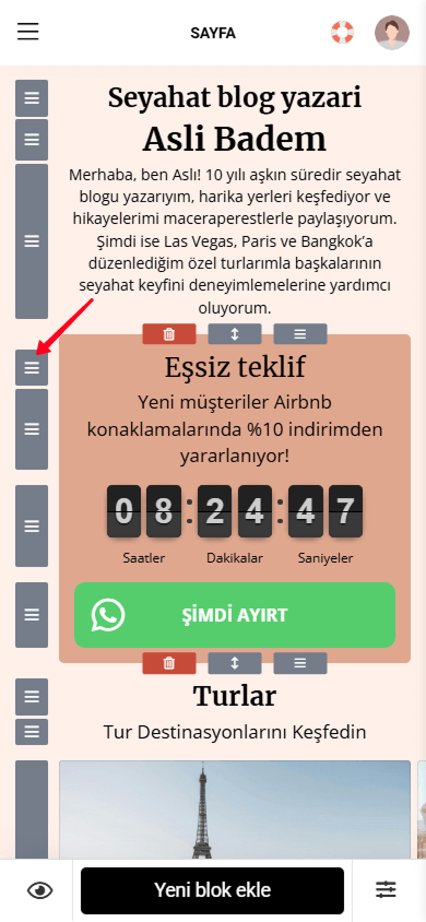 Taplink’te bir bloğu taşımak için sürükleme simgesini basılı tutma