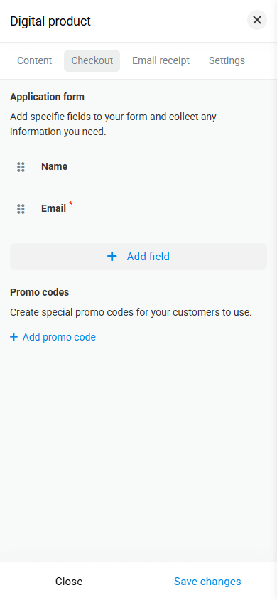 The checkout settings tab in the Digital products block in Taplink