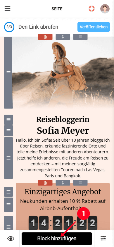 Tippen auf die Schaltfläche Block hinzufügen im Taplink-Seiteneditor