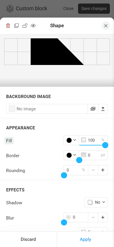 Background image, appearance, and effect settings of the Shape element in the Custom block