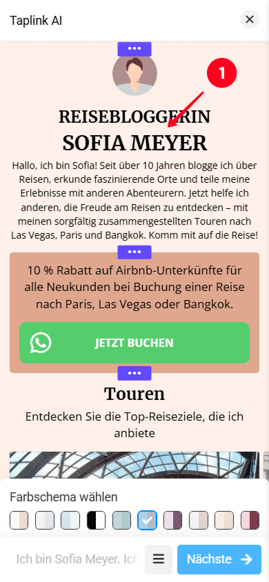 Tippen auf den Abschnitt in der Taplink AI-Oberfläche