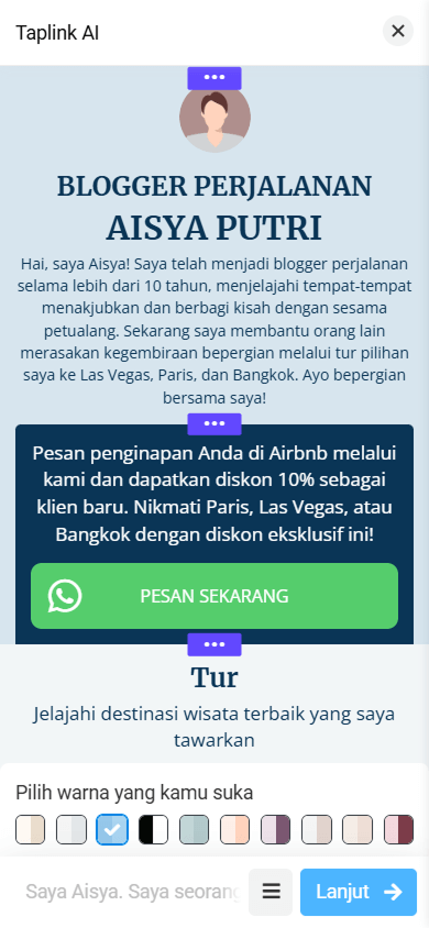 Antarmuka editor halaman di Taplink AI