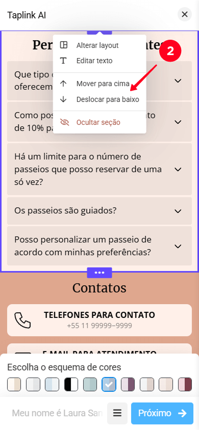 Selecionando Mover para cima e Mover para baixo no menu de configurações da seção