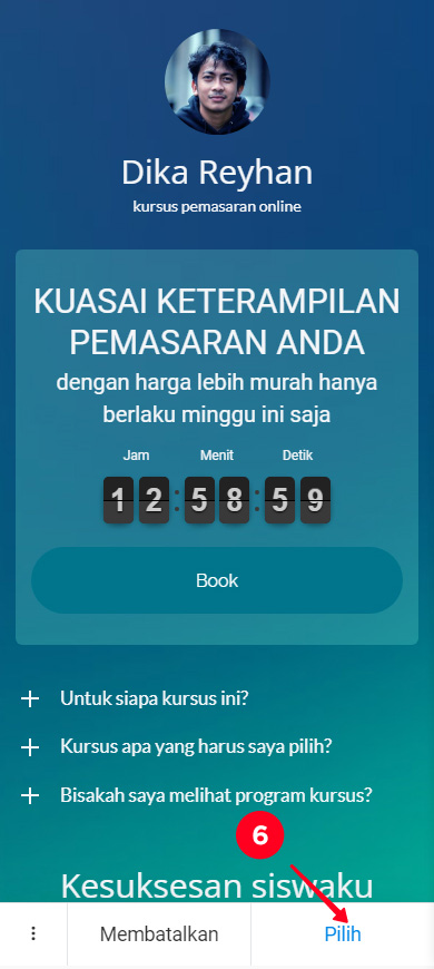 Mengetuk Pilih dalam mode pratinjau halaman Taplink