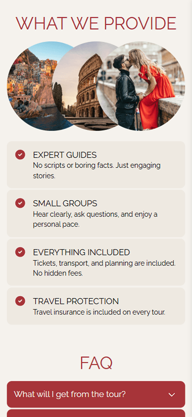 Bottom section of a tour agency page showcasing key advantages and an FAQ
