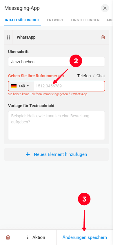 Eingabe einer Telefonnummer und Tippen auf Änderungen speichern in den Messaging-App-Blockeinstellungen