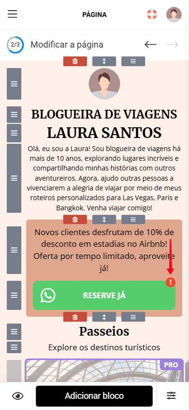 Um ponto de exclamação ao lado do botão destacado com uma seta vermelha