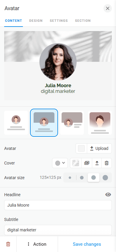 Avatar block content customization page in Taplink