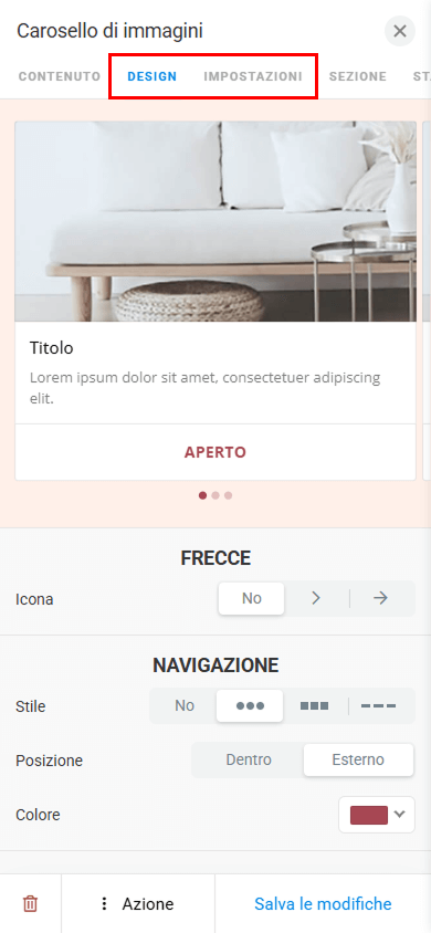 Le schede Design e Impostazioni evidenziate nelle impostazioni del blocco Carosello di immagini