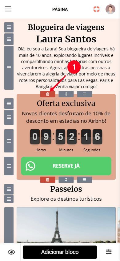 Tocando no ícone de lixeira para excluir uma seção no construtor do Taplink