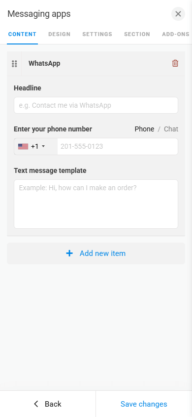 Messaging app button content settings in the Messaging apps block