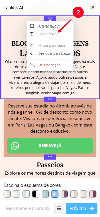 Selecionando Editar texto no menu suspenso de configurações da seção