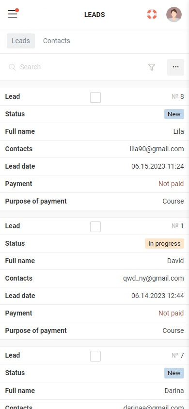 Built-in CRM dashboard in Taplink for managing leads, customer data, and digital product sales