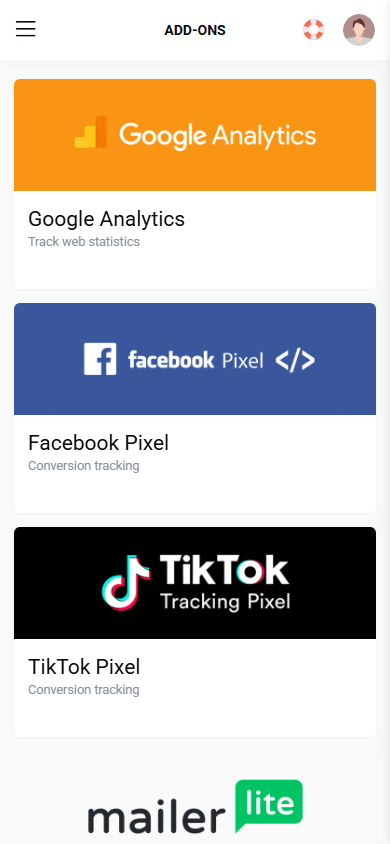 Google Analytics, Meta Pixel, TikTok Pixel, and MailerLite integrations supported by Taplink