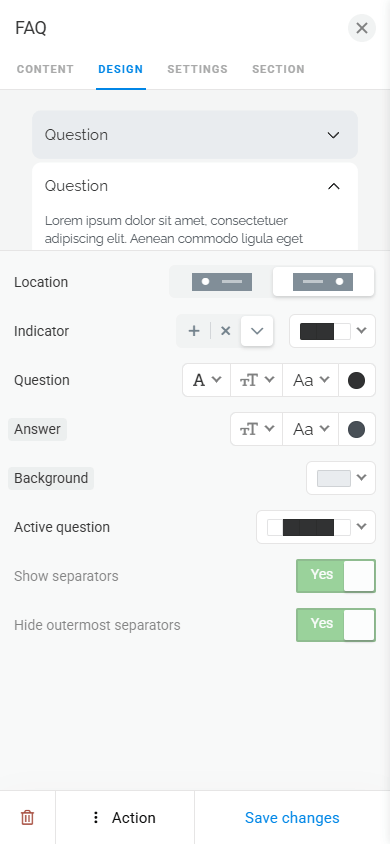The FAQ block design settings in Taplink