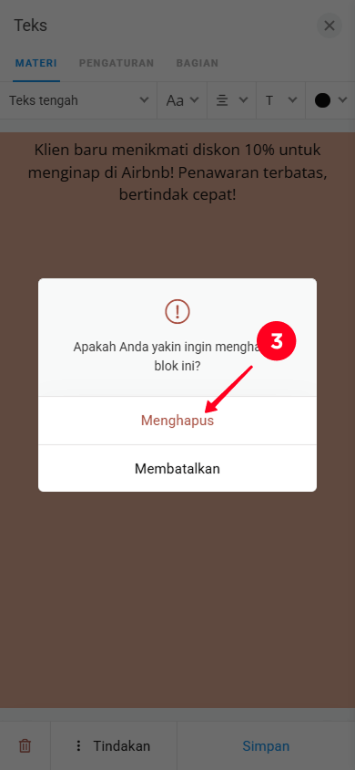 Memilih Menghapus di jendela pop-up di pengaturan blok Teks