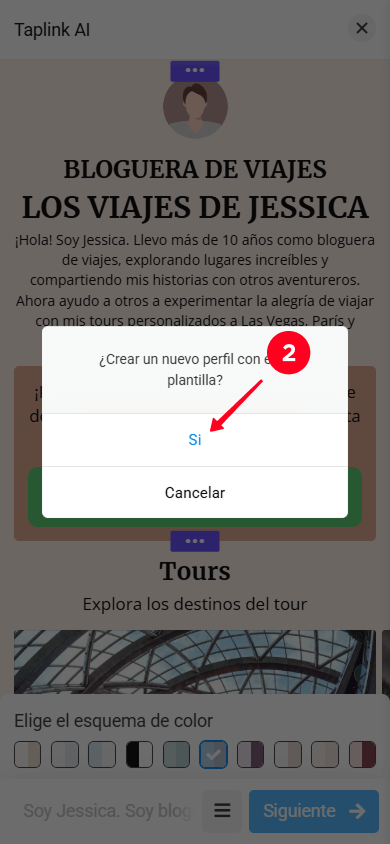 Seleccionando “Sí” en la ventana emergente en Taplink AI