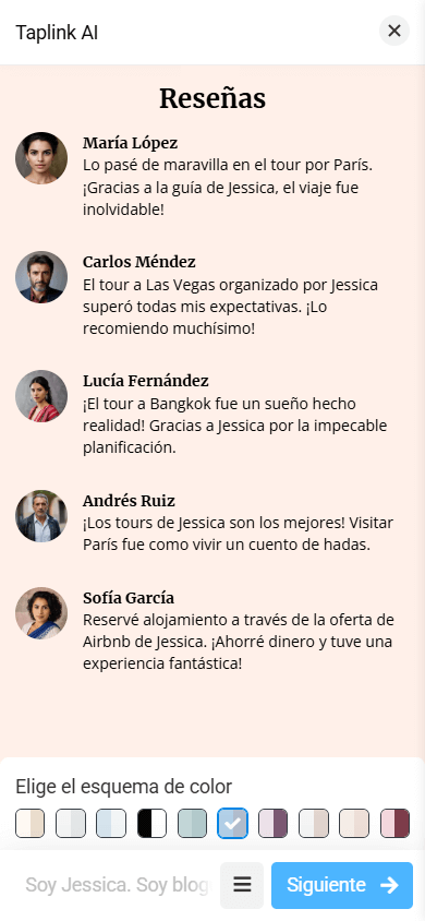 La sección Reseñas con un diseño de imagen pequeña, nombre y texto