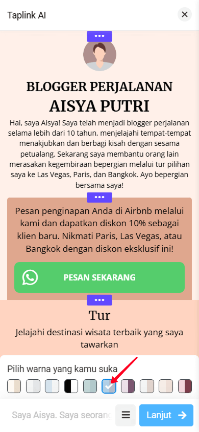 Halaman berwarna oranye di antarmuka Taplink AI