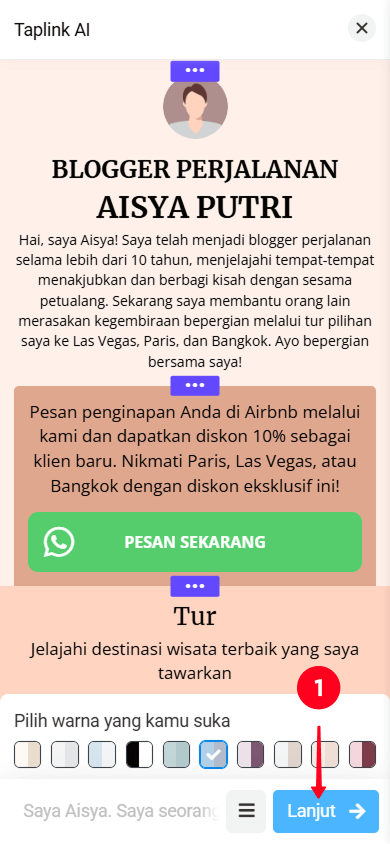 Mengetuk tombol Lanjut di pembuat halaman Taplink AI