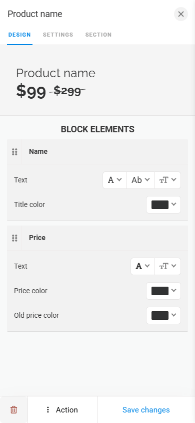 Product name block design options in the Digital products block appearance settings