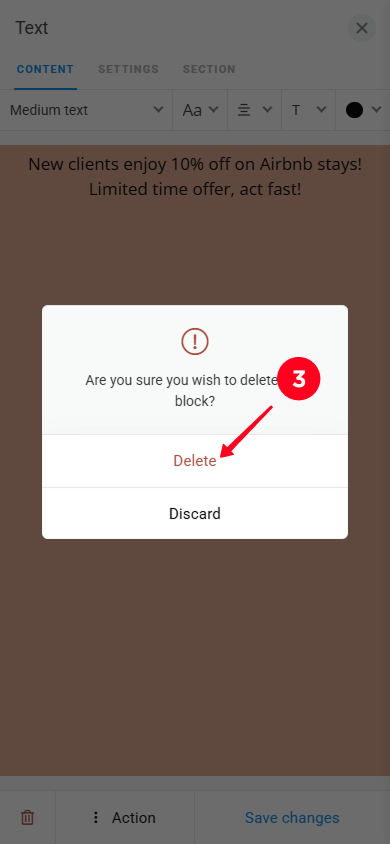 Selecting Delete in the pop-up window in the Text block settings