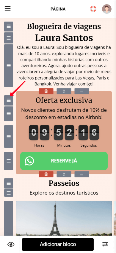 Segurando o ícone de arrastar para mover um bloco no Taplink