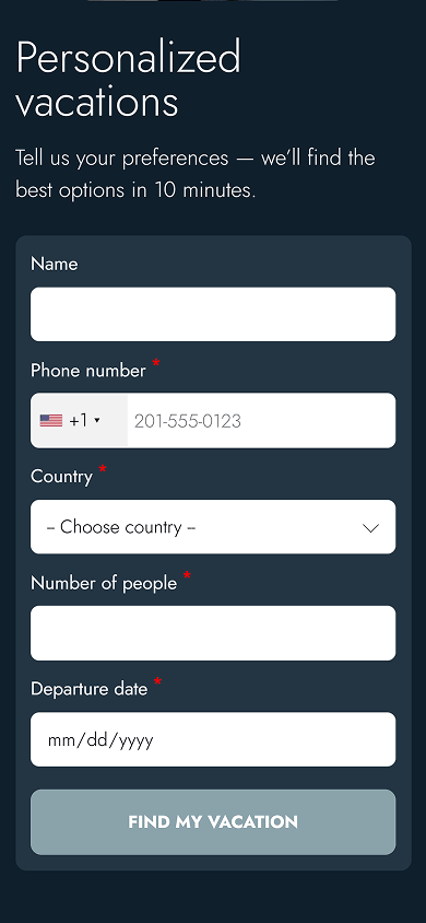 Inquiry form on a travel agency website built with Taplink for collecting vacation details