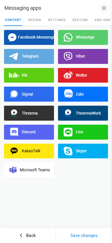 A list of messaging apps available in Taplink