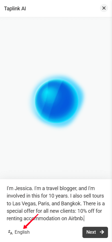 Tapping the language settings button in Taplink AI